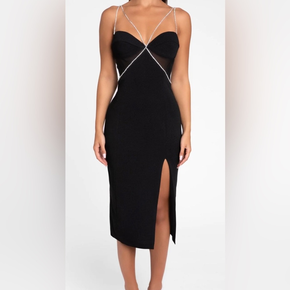 The black strap cutout midi dress, mesh sides. crystal straps